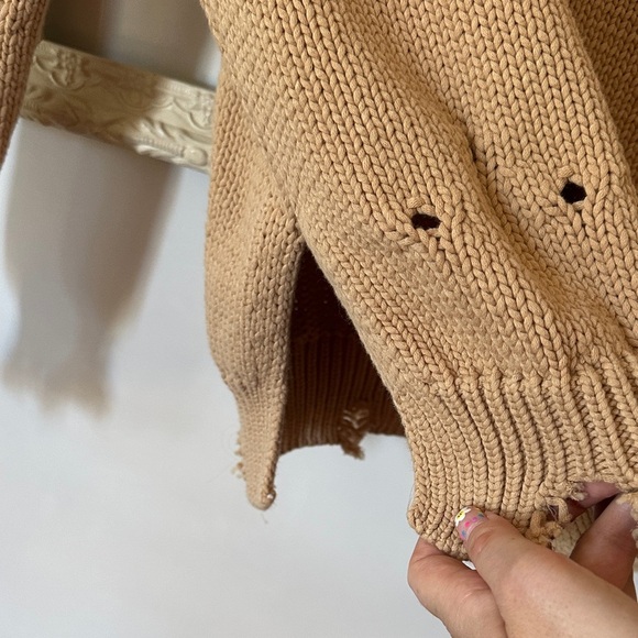 ZARA | Distressed Destroyed Knit Taupe Crew Neck Brown Tan Cotton Sweater - Picture 7 of 13